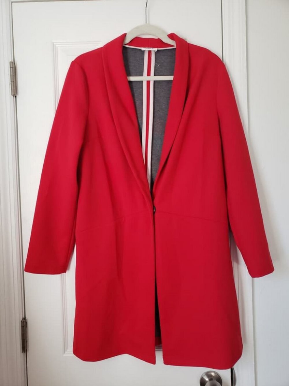 Red Trench Coat Long Blazer Damart Size 12 Knit Fabric